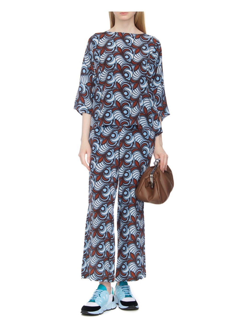 Weekend Max Mara Blue and Brown Swirl-Print Wide-Leg Pants
